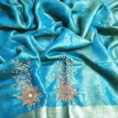 Ladies Attractive Design Blue Color Tissue Linen Saree