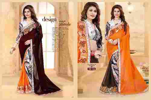 Multi-Color Designer Embroidery Georgette With Fancy Fabric Sarees With Blouse