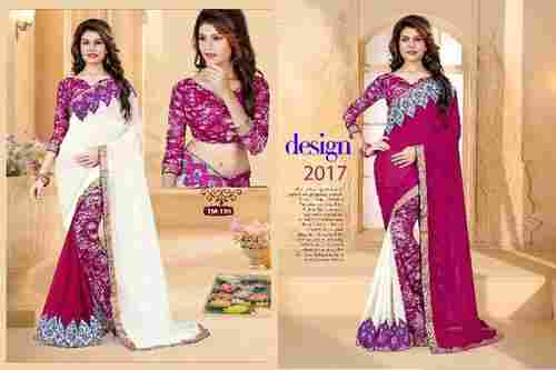 Multi-Color Designer Print With Embroidery Work Georgette Saree With Blouse Piece