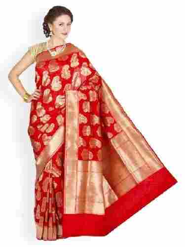 Red And Golden Party Wear Tear Resistance Skin Friendly Extremely Comfortable Trendy And Fabulous Printed Cotton Banarasi Saree