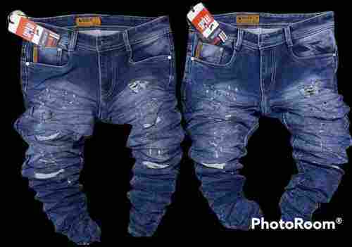 Mens Casual Wear Blue Ripped Denim Jeans With Front Pockets