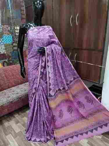 Purple Casual Wear Skin Friendly Ladies Hand Block Bagru Printed Cotton Saree With Printed Blouse Piece