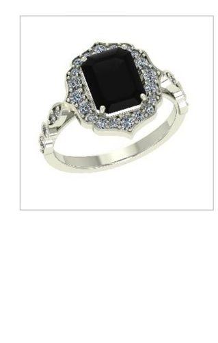 Unique Design Fine Finish 3.30 Carat Floral Black Emerald Cut Ring In 14K White Gold Very Good
