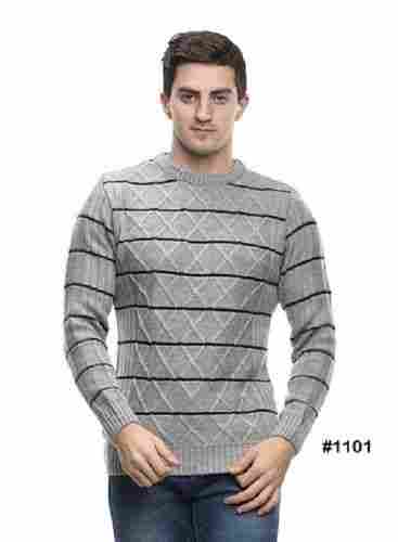 1101 Gray Round Neck Casual Wear Full Sleeves Regular Fit Skin Friendly Mens Striped Woolen Pullover Sweater
