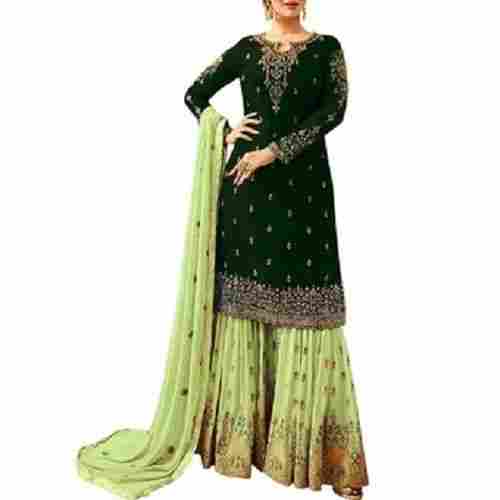 Green Full Sleeves Wedding Wear Regular Fit Skin Friendly Semi Stitched Ladies Heavy Faux Georgette Embroidery Work Sharara Suit
