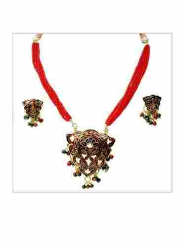 Attractive Look Polished Finish Party Wear Red Color Meenakari Necklace Set