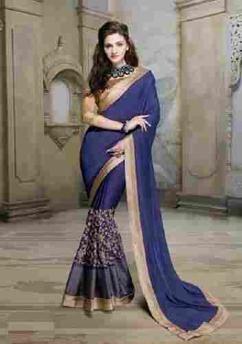 Navy Blue Casual Wear Skin Friendly Ladies Faux Georgette Plain And Embroidered Saree With Plain Golden Border