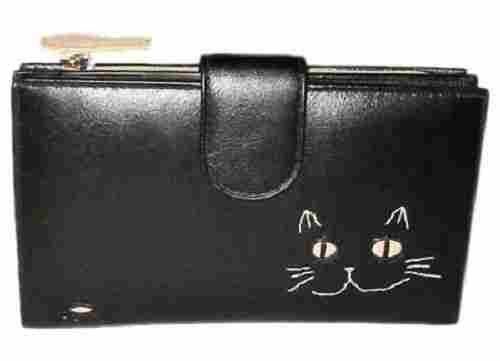 Rectangular Very Spacious And Light Weight Embroidered Design Ladies Black Color Leather Purse