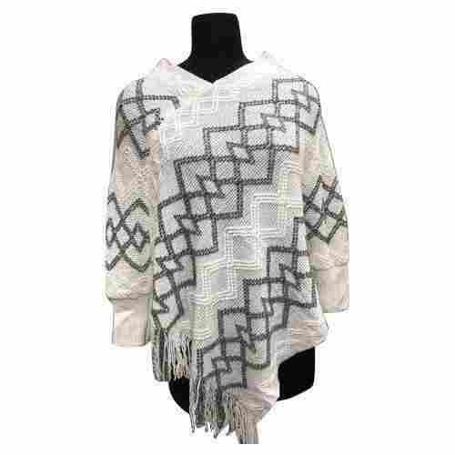 White And Black V-Neck Full Sleeves Soft And Warm Ladies Winters Knitted Wool Poncho
