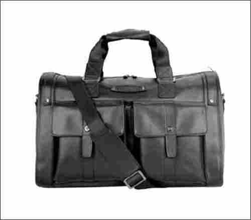 Plain Pure Leather Double Zipper Fancy Black Duffle Bag For Travel, Easy To Carry