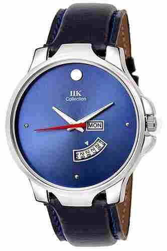 Formal Wear Blue Analog Mens Wrist Watch With Round Shape Dial, Day And Date Display