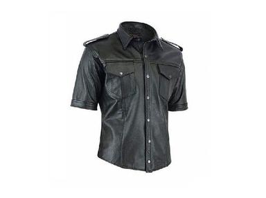 Breathable Short Sleeve Xs To Xl Size Men Black Color Leather Shirt With Button Closure Style For Casual Wear