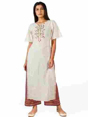 Milky White Half Sleeves Round Neck Ladies Cotton Embroidered Kurti With Brown Lining Palazzo Pant