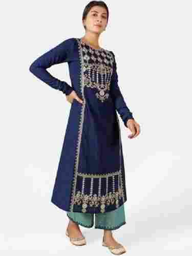 Navy Blue Full Sleeves Round Neck Ladies Khadi Cotton Embroided Kurti With Baby Blue Palazzo Pant