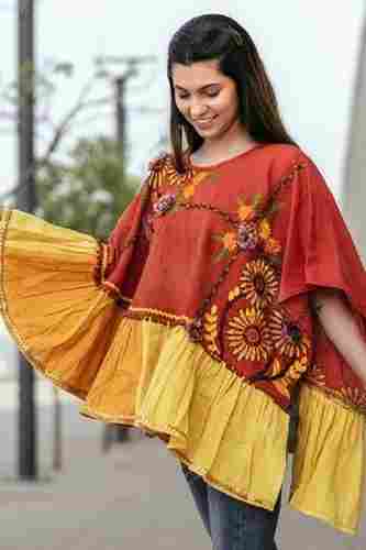 Orange Round Neck Full Sleeves Regular Fit Ladies Traditional Embroidered Khadi Poncho