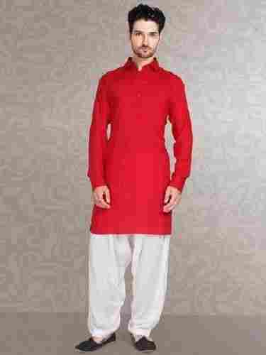 Red Full Sleeves Casual Wear Regular Fit Button Closure Mens Plain Cotton Pathani Kurta Pajama