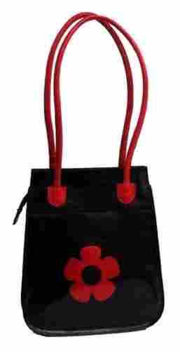 Black With Red Color Flower Printed Leather Ladies Hand Bags With Polyester Lining