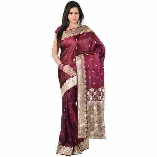Maroon Party Wear Skin Friendly Ladies Border Designed Printed Silk Saree With Blouse Piece