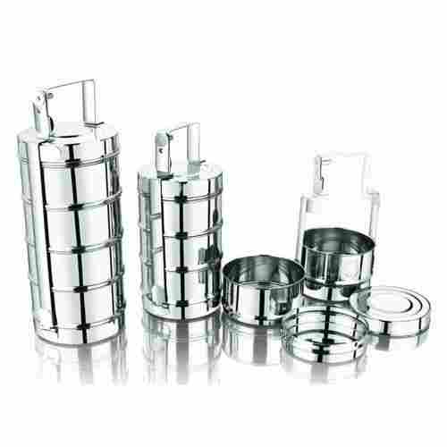 Round Shape Stainless Steel Tiffin Box 1000ml With 5 Container And Silver Finish