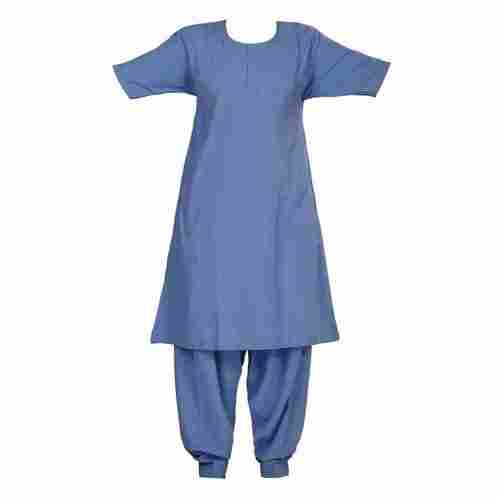 Sky Blue Half Sleeves Round Neck Regular Fit Ladies Plain Cotton Hospital Staff Uniform, Salwar And Suit Set