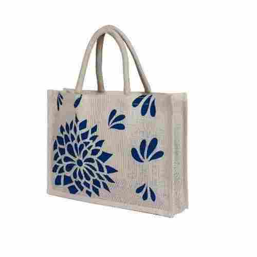 White Printed Zipper Closure Biodegradable Jute Carry Bags With Flexible Double Rope Handle