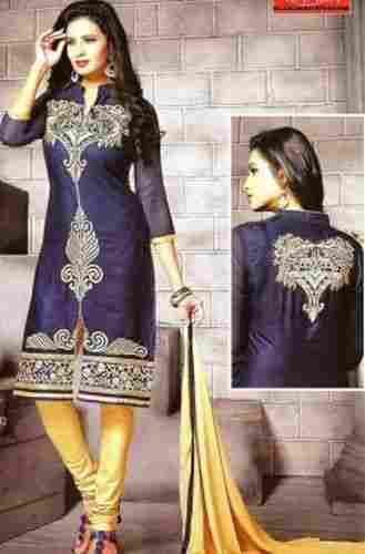 Navy Blue 3/4th Sleeves Regular Fit Skin Friendly Ladies Unstitched Embroidered Churidar Suit