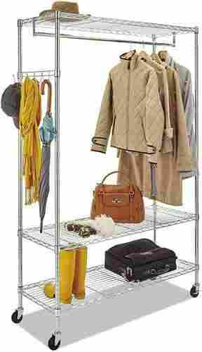 Fine Finish Silver Color Clothing Hanging Racks for Showroom and Garment Shops with Two Shelves Storage