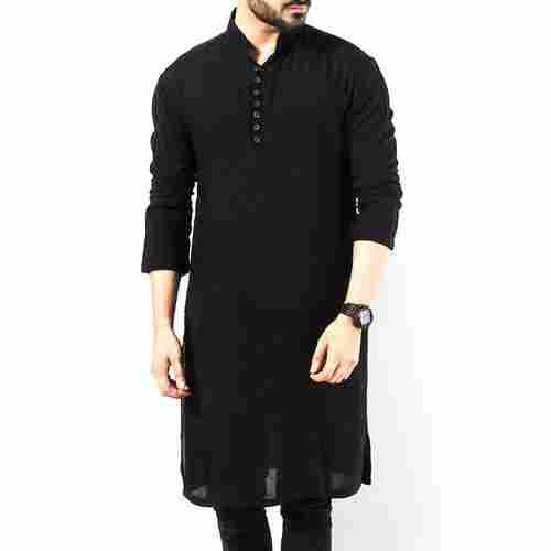Black Full Sleeves Mandarin Neck Traditional Indian Mens Casual Plain Long Kurta