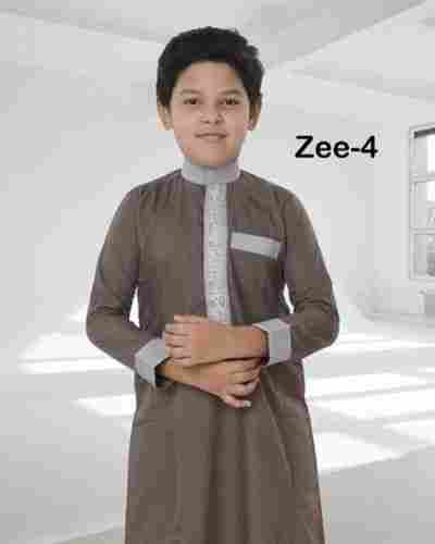 Kids Dark Brown And Grey Polyester Full Sleeves Thobe