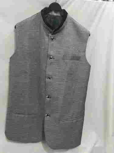 Gray Full Sleeves Mandarin-Neck Collared Casual Wear Mens Plain Nehru Jacket With Button Closure