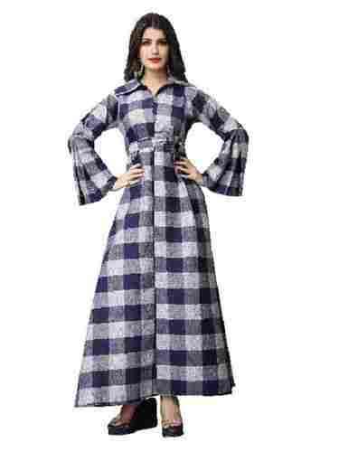 Blue And White Festive Wear Ladies Bell Sleeves Checked Linen Anarkali Long Gown