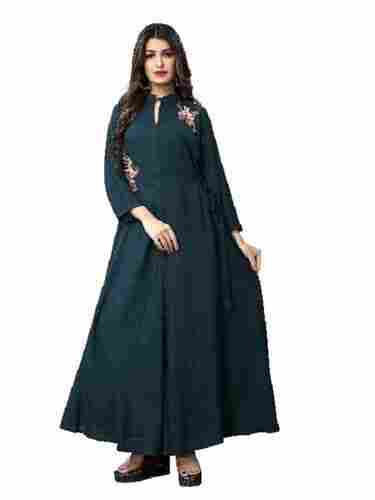 Blue Party Wear Ladies Keyhole Neckline 3/4th Sleeves Plain Rayon Anarkali Long Gown