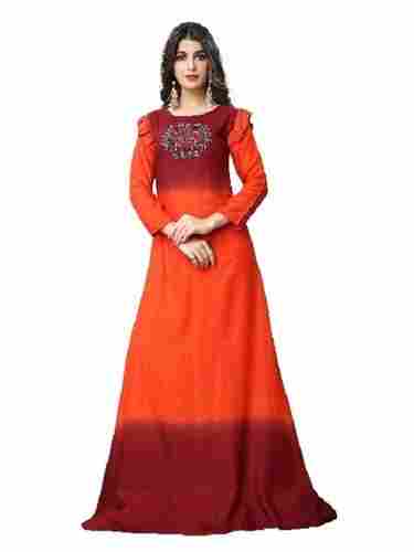 Orange And Red Wedding Wear Ladies Round-Neck 3/4th Sleeves Plain Rayon Anarkali Long Gown