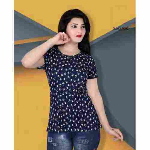 Round Neck Half Sleeve Casual Wear Ladies Blue Cotton Printed T Shirts