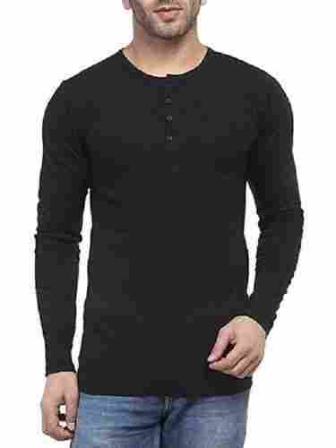 Black Regular Fit Casual Wear Mens Henley-Neck Full Sleeves Plain Cotton T-Shirts