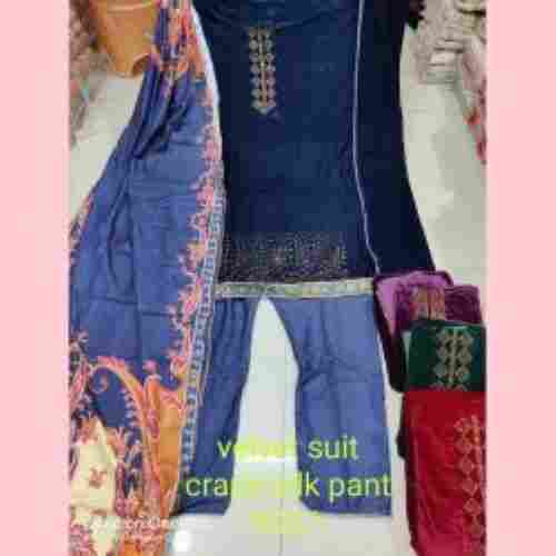 Precise Design Velvet Suit Crape Ladies Silk Kurta Pant With Matching Dupatta (4 Pcs Set)