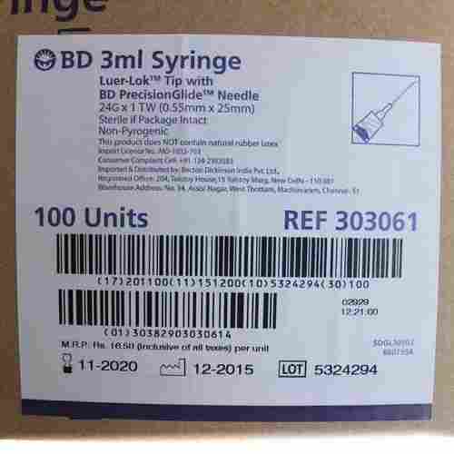 Non Pyrogenic Medical and Hospital Use Disposable 3ML BD Luer Lok Syringe 