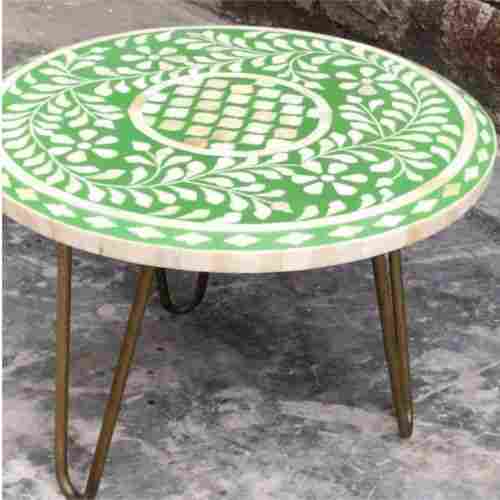 10 To 12 Mm Thick Round Shape Floral Pattern Wood Made Green Bone Inlay Stool