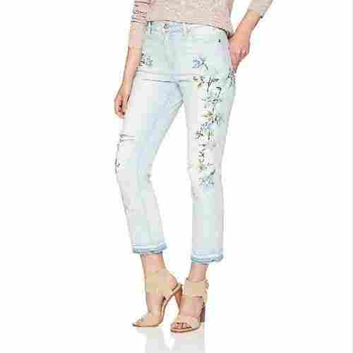 White Ladies High Rise Skinny Casual Denim Jeans With Straight Leg And Embroidery