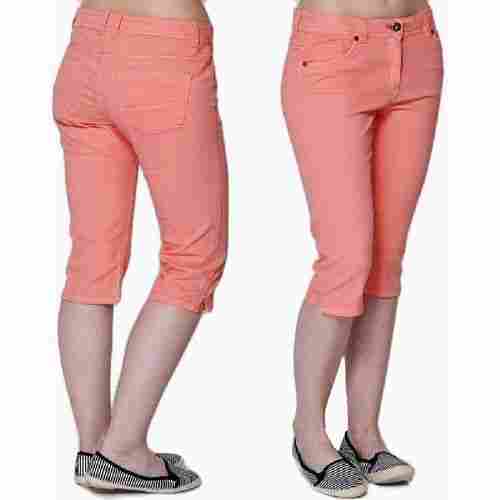 Salmon Pink Skin Friendly Regular Fit Casual Wear Ladies Plain Cotton Capri Jeans