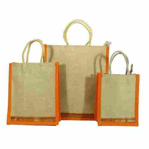 Spacious, Light Weight Rectangular Shape Brown And Orange Color Handled Style Modern Jute Bag
