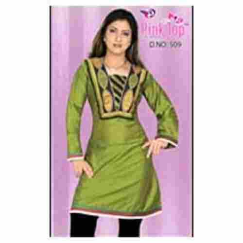 Pear Green Regular Fit Ladies Round-Neck Full Sleeves Designer Cotton Casual Kurti