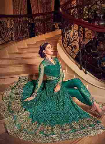 Green Party Wear Ladies Full Sleeves Semi Stitched Embroidered Net Long Gown