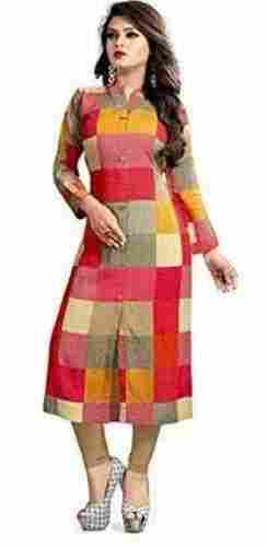 Multi Colors Regular Fit Ladies Full Sleeves Checked Cotton Straight Long Kurti