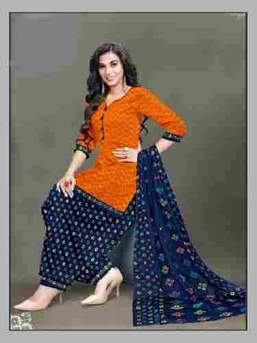 Orange And Blue Skin Friendly Three Piece Ladies Printed Cotton Patiala Suit Material