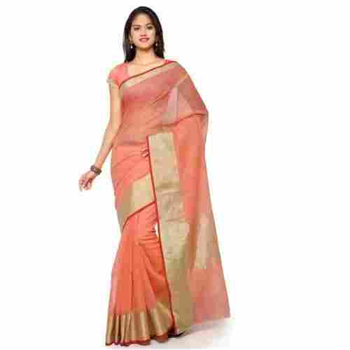 Peach Color Party Wear Traditional Indian Woven Ladies Fancy Plain Pure Cotton Saree