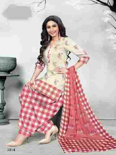 White And Coral Three Piece Ladies Designer Printed And Checked Cotton Suit Material