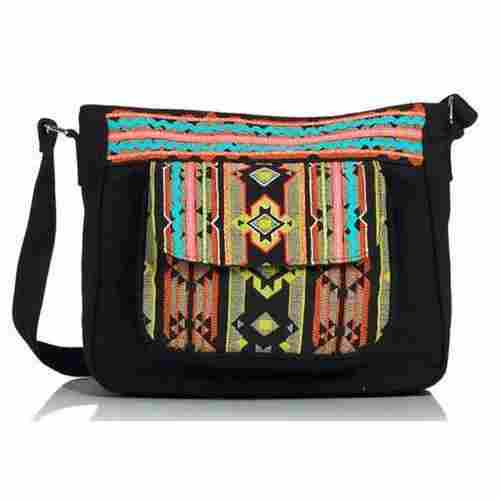 Canvas Fabric Spacious Ladies Cross Body Embroidered Bag With Adjustable Strap And Zipper Closure Style