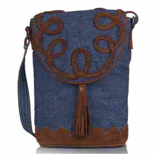 Denim Fabric Spacious Ladies Cross Body Embroidered Bag With Adjustable Strap And Zipper Closure Style