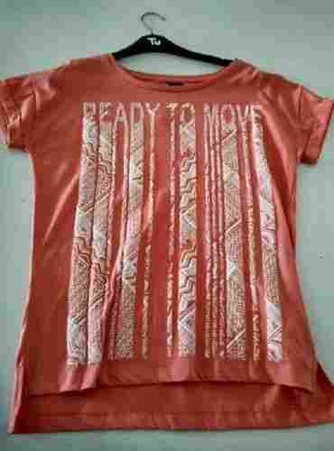 Coral Color Regular Fit Ladies Round-Neck Cap Sleeves Printed Cotton Casual Top